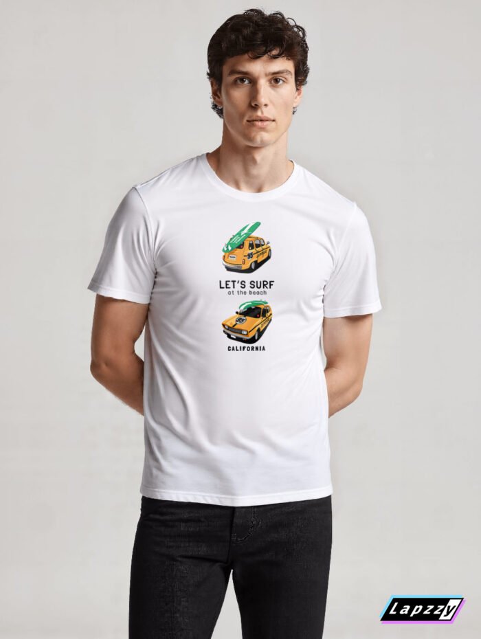 Car With Surfboard Unisex White Tee