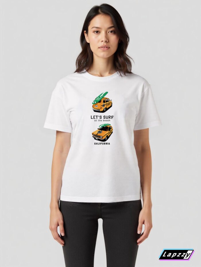 Car With Surfboard Unisex White Tee